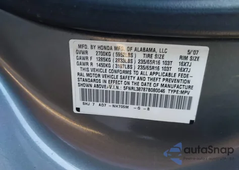 2007 Honda Odyssey Ex-L z USA, uszkodzony, nr VIN 5FNRL38787B080046